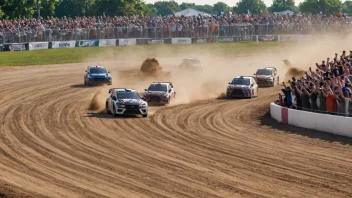 Et rallycrossløp med biler som kjører og tilskuere som heier.