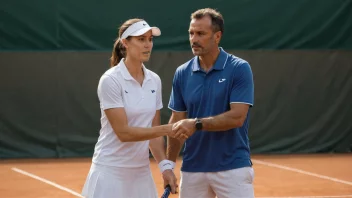 En tenniscoach i aksjon, som hjelper en tennisspiller å forbedre spillet sitt.