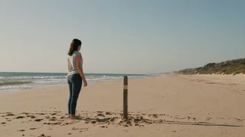 En person som står på en strand, med et gjerde eller en grensemarkør i bakgrunnen.