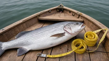 En fiskebåt med en stor fangst av fisk, med en målebånd eller en vekt i forgrunnen.