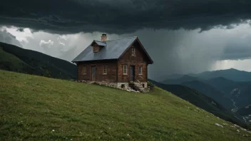 Et lite, sterkt hus på et fjell med stormfullt vær