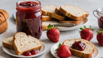 En deilig hjemmelaget jordbærmarmelade i en glass, omgitt av ferske jordbær og en skive brød