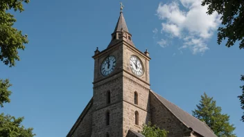 En kirkegavl med et klokketårn og et kors på toppen, omgitt av trær og en blå himmel.