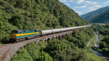 Et tog som transporterer varer på en jernbane, med et naturskjønt landskap i bakgrunnen.