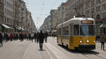 En tram i en by, med mennesker som venter på en trikkeholdeplass.