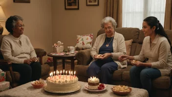 En varm og koselig stue med en bestemor som sitter i en behagelig stol, omgitt av familie og venner, med en kake og gaver på et nærliggende bord.