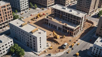 En byggeplass med en ny bygning under oppføring ved siden av en eksisterende en.