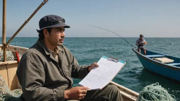 En person med ansvar for forvaltning av fiskeressurser, stående i en fiskebåt, med et fiskegarn og en clipboard.