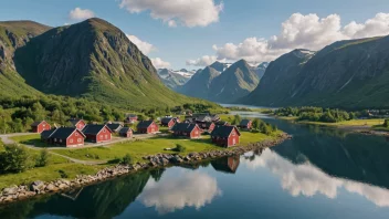 Et idyllisk landskap i Norge med tradisjonelle hus og en fredelig atmosfære.