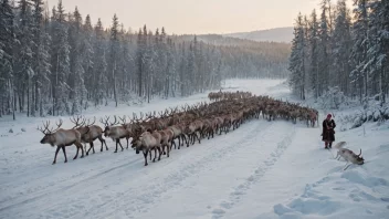 En gruppe samer i tradisjonelle klær som flytter med sine rein i et snødekt landskap