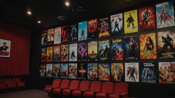 En kino med en stor skjerm og et mangfoldig utvalg av filmplakater på veggen.