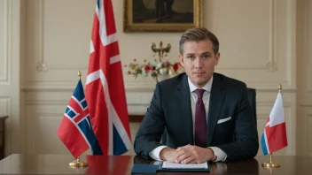 Et bilde av en person i dress som sitter ved et skrivebord med et norsk flagg i bakgrunnen, som representerer en departementsdirektør