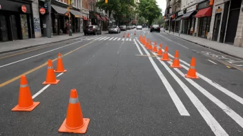 En bygate med et avgrenset område merket av med trafikk-kjegler eller barrierer.