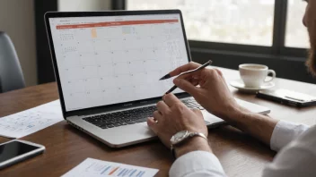 En person som sitter ved et skrivebord med en åpen kalender, ser på en oversikt over avtaler og møter.