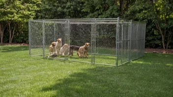 En hundekennel med flere hunder inne, omgitt av en grønn gård og trær.