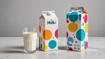 En melkepakke med et fargerikt design og et kaldt glass melk ved siden av.