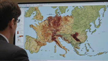 En person som analyserer data på en dataskjerm med et kart over en region i bakgrunnen