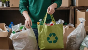 En person som promoterer sekundærforbruk ved å bruke en gjenbrukbar pose og resirkulere materialer.