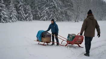 En person i vinterjakke og lue leverer en slede til en smilende kunde i et snølandskap