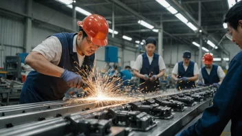 En fabrikk som produserer bilkomponenter, med fokus på produksjonslinjen og arbeiderne