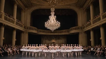 En stor ballettforestilling med dansere i tutuer og ballettsko, på en vakker dekorert scene med et fullt publikum i bakgrunnen.