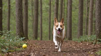 En glad hunhund som leker apport i skogen.