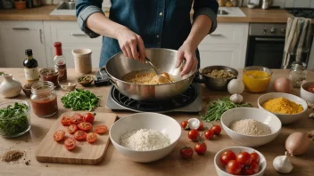 En person som lager mat i et kjøkken med ulike matlagingsmetoder og ingredienser rundt seg.