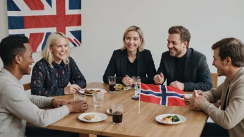 En gruppe mennesker fra ulike kulturer og bakgrunner samlet rundt et bord, smiler og snakker sammen, med et norsk flagg i bakgrunnen.