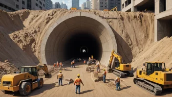 Et bilde av en tunnelbyggeplass med en stor tunnelboremaskin i sentrum.