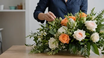 En blomsterdesigner som designer en vakker bukett med blomster.