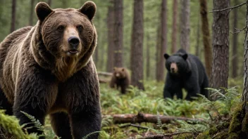 En bjørn i sin naturlige habitat med en jeger i bakgrunnen, symboliserer konflikten mellom mennesker og natur.