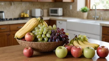 En fruktskåle på et kjøkkenbord, fylt med fersk frukt.