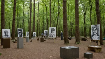 En friluftsutstilling i en vakker skog, med ulike skulpturer og malerier på utstilling.