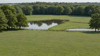 Et felt med et gjerde rundt, med noen trær og en liten dam i bakgrunnen.