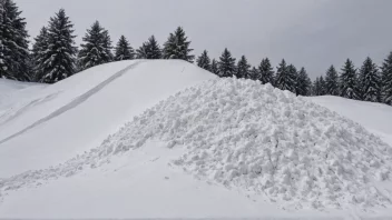 En stor snøhop i et vinterlandskap med trær og fjell i bakgrunnen