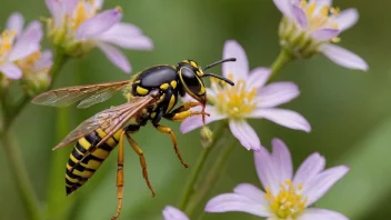 En vesp med brodden synlig, mot en uskarp bakgrunn av en hage eller en blomst.