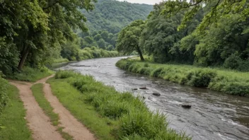 Et idyllisk landskap med en elv som renner gjennom det og et kryssingspunkt eller en sti langs elvebredden