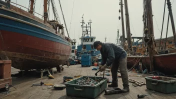 En person på et skipsverft, som arbeider på en fiskebåt