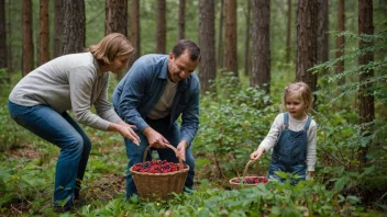 En familie som plukker bær i skogen.