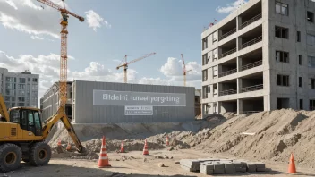 En detaljert illustrasjon av en byggeplass med en stor bygning i bakgrunnen, med et skilt som leser 'Eldrehjemutbygging' på norsk.