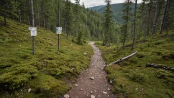 Et idyllisk skoglandskap med en svingete tursti og et skilt som leser 'Allemannsretten'.