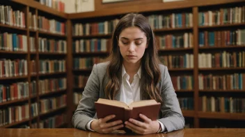 En person som studerer en bok om religion i et bibliotek.