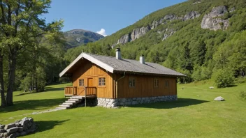 Et tradisjonelt norsk trehus bygget i bryggestil, med en enkel og funksjonal design.