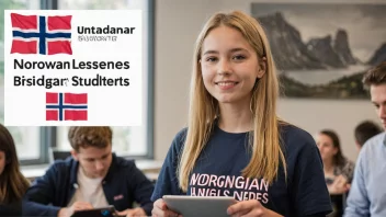 En student som holder en nettbrett med norsk flagg i bakgrunnen