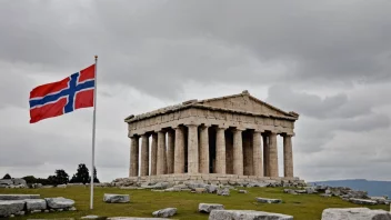 Et bilde av et gammelt gresk tempel med et norsk flagg i forgrunnen, som representerer forbindelsen mellom Norge og det gamle Hellas.