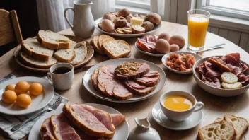 Et foto av en norsk frokostbord med ulike matvarer.