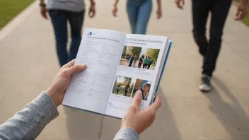 En person som holder en kurskatalog, med en universitets- eller høyskolebakgrunn.