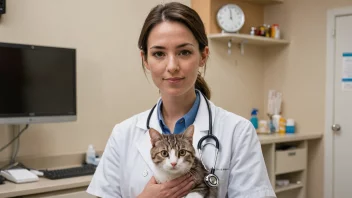 En person i en labfrakk holder en katt i en veterinærklinikk.