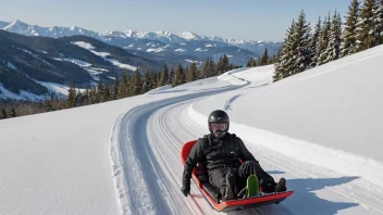 En person som kjører luge nedover en snødekt bakke, med et vakkert vinterlandskap i bakgrunnen.