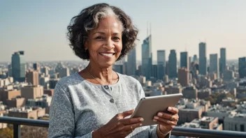 En kvinne i 60-årene, smiler og holder en tablet med en pensjonsapp åpen, med en bysilhuett i bakgrunnen.